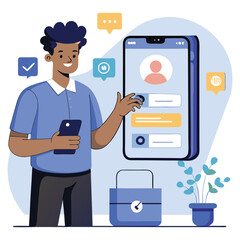 vector A man is holding a phone next to a large pad of lock lock