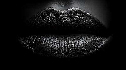 Obraz premium Close-up of lips in rich matte black with a soft gloss, velvety texture highlighted by diffused studio lighting to emphasize the deep, striking color and detail, high-resolution, bold and mysterious,