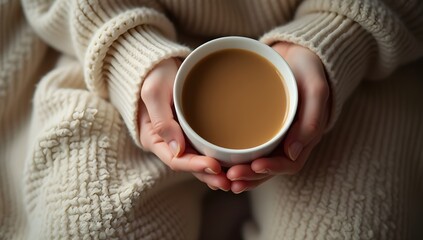 Cozy hands holding a warm cup of coffee in a soft blanket for a relaxing self-care moment