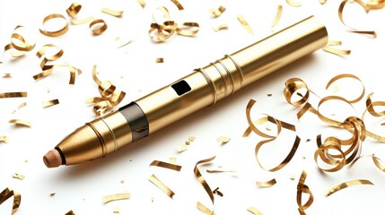 Celebrate in style with the golden noisemaker featuring festive streamers for unforgettable parties