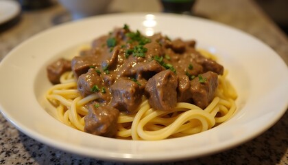 Homemade Beef Stroganoff Rich Creamy Brown Sauce Over Golden Pasta