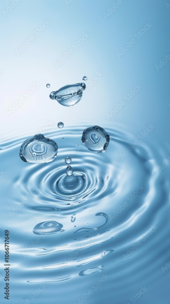 Poster Fresh and clean abstract design featuring reflective water droplets in various sizes set against a soft blue gradient with subtle waves creating a fluid effect
