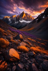 Obraz premium majestic mountain peaks towering dramatic cloudscape featuring intensely textured skies staggering geological formations, ascent, altitude, backdrop