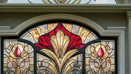 A close-up of a stained-glass window featuring intricate floral designs in shades of red and yellow - Powered by Adobe