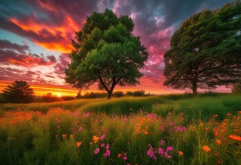 Fototapeta premium captivating dynamic nature highlighting wind movement through lush landscapes vibrant skies, wildlife, trees, flowers, grass, sky, clouds, mountains