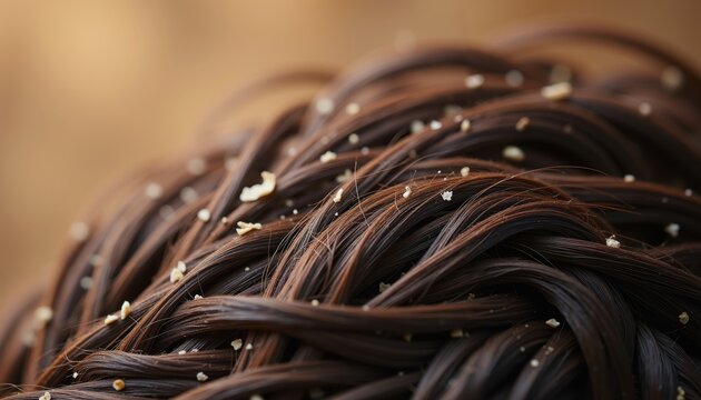 Close-Up of Intricate Dark Brown Hair with Light Flakes Intertwined.