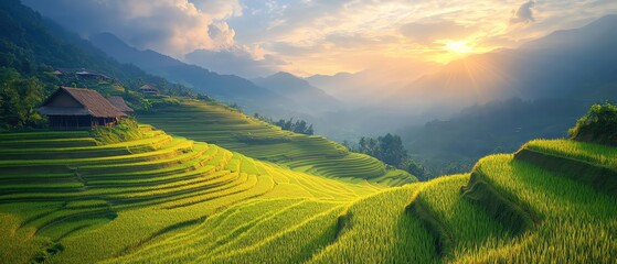 Fototapeta premium Sunrise over lush rice terraces with a house, tranquil and scenic countryside