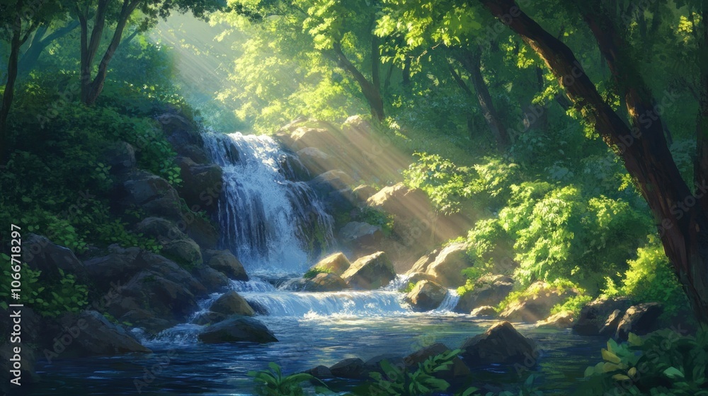 Poster waterfall flowing over rocks in green forest with sunlight filtering through tree canopy
