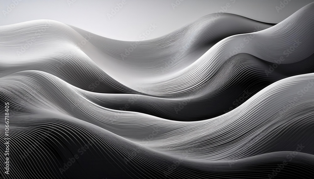 Aufkleber Abstract Metallic Waveforms with Precision Line Texture. Smooth, Curved Metallic Surfaces in Black and White. Perfect for Technology, Minimalist Backgrounds, and Modern Art Concepts
