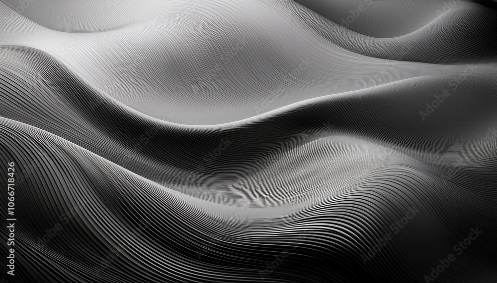 Poster Abstract Metallic Waveforms with Precision Line Texture. Smooth, Curved Metallic Surfaces in Black and White. Perfect for Technology, Minimalist Backgrounds, and Modern Art Concepts