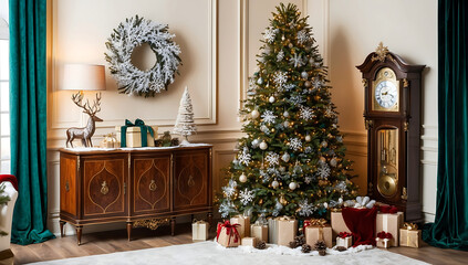 Elegant composition of christmas living room interior with wooden console, stylish wreath, deer candlestick with candle, clock, christmas tree, gifts and personal accessories. Home decor. Template.