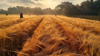 Autumn, the golden wheat is swaying in the fields, and farmers in Asia are working hard to harvest the wheat.