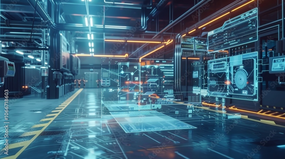 Poster futuristic industrial environment showing holographic data and information panels floating in the ai