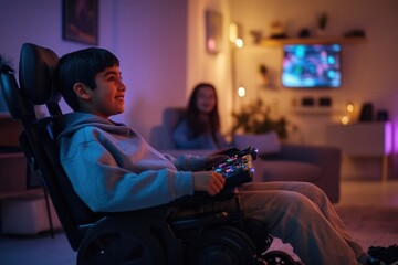 Disabled child enjoys playing video games with his sister in a comfortable and colorful living room, demonstrating inclusion and fun