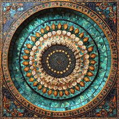 Fototapeta premium Intricate circular mosaic design featuring vibrant colors and detailed patterns, showcasing blend of turquoise, gold, and earthy tones