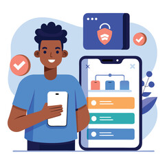 vector A man is holding a phone next to a large pad of lock lock