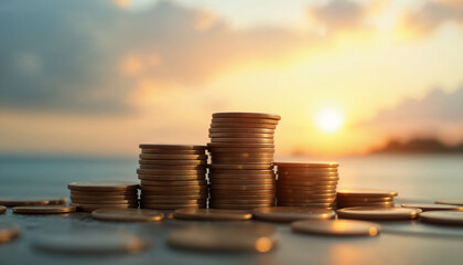 Stacks of Coins Against a Beautiful Sunset Background