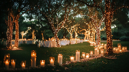 beautifully lit outdoor wedding scene with glowing fairy lights and candles creating romantic atmosphere. trees are adorned with lights, enhancing enchanting setting