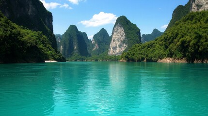 A serene view of a turquoise river winding through towering limestone cliffs, with a clear blue sky and fluffy white clouds above.