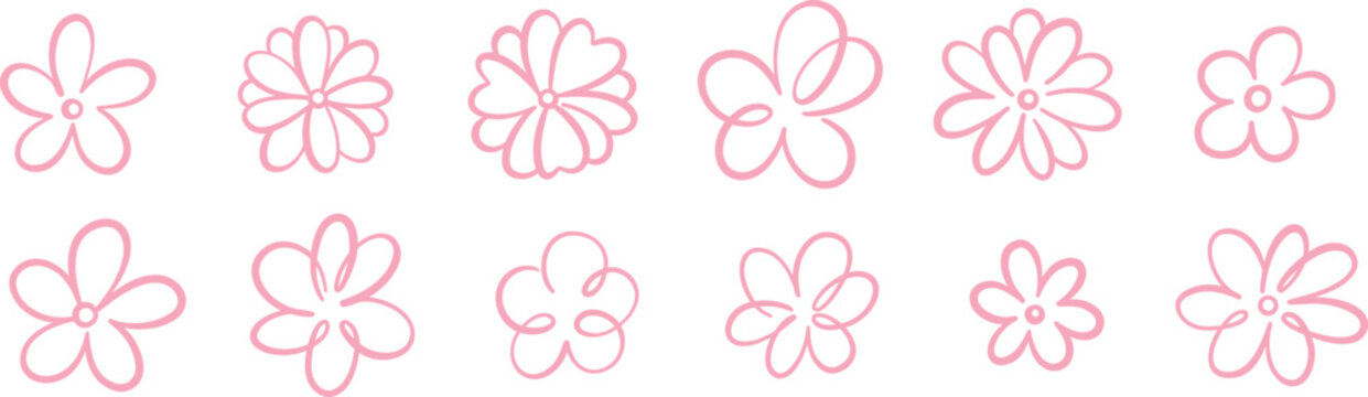 Cute pink flower line art shapes, ink doodle illustration set, flat clip art decorative spring collection, isolated