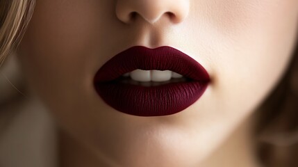 Fototapeta premium Extreme close-up of deep ruby red lips, matte and velvety texture, softly illuminated to capture the intense color and subtle curves, high-definition, striking and bold, beauty-focused shot.