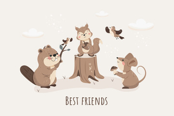 Holiday card, background, banner with cute animals - best friends, hand-drawn. Vector design for children.