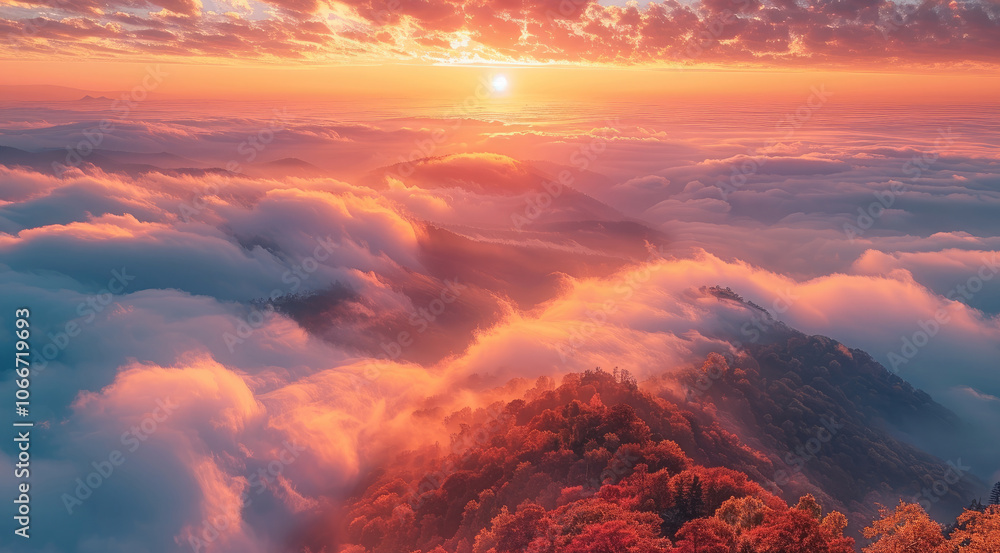 Aufkleber in the morning, there is a soft and hazy red sun in the clouds on the horizon. golden clouds and whi