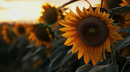A single sunflower blooms in a field at sunset, with other sunflowers blurred in the background.