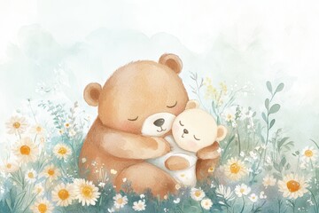 Adorable Bear Hug in a Serene Floral Meadow Setting. Watercolor Nursery Art.