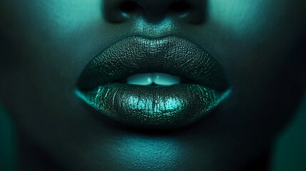 Extreme close-up of emerald green lips, matte and textured with velvety smoothness, softly lit to enhance depth and detail, focusing on the bold color and elegant finish, professional beauty shot.