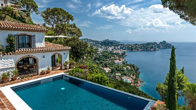 A white villa with a pool overlooks a stunning Mediterranean coast on a sunny day