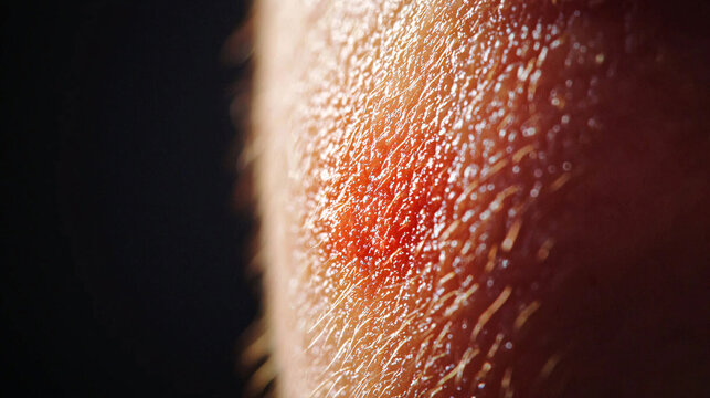 Close up macro of skin showing mosquito bite with high detail, highlighting texture and redness around bite. image captures intricate details of skin and irritation