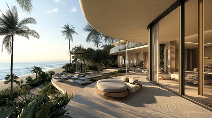 Obraz premium Modern Beachfront Terrace with Ocean Views and Indoor-Outdoor Living