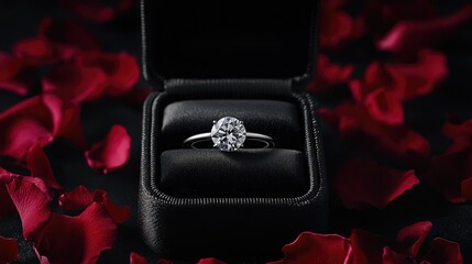 A solitaire diamond ring in a classic black velvet box, staged with rose petals in the background, symbolizing love and romance