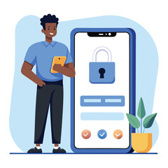 vector A man is holding a phone next to a large pad of lock lock