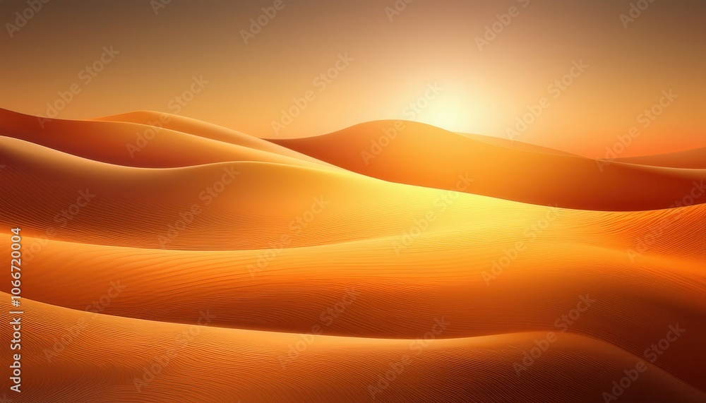 Poster golden desert dunes at sunrise. mesmerizing sand patterns and soft shadows in a tranquil morning glo