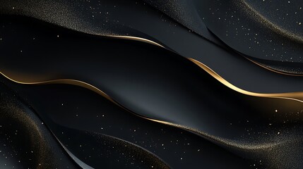 Abstract Black and Gold Background with Wavy Lines and Glitter