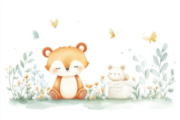 Fototapeta premium Peaceful Forest Animals in Soft Watercolor Dreamscape. Watercolor Nursery Art.