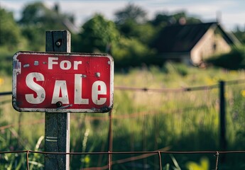 A vibrant red and white sale sign sits by the road, attracting attention