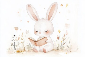 Obraz premium Adorable Bunny Reading in a Serene Meadow Watercolor Scene. Watercolor Nursery Art.