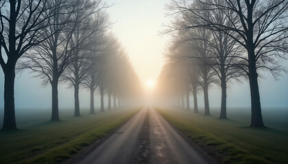 Misty Pathway Through Trees at Sunrise
