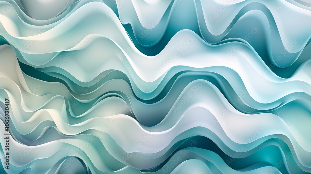 Poster a serene modern abstract background featuring fluid wave-like patterns in blue, teal, and white, acc