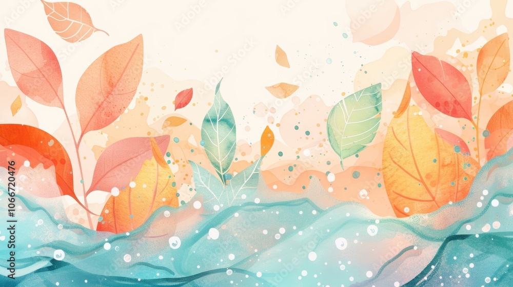Poster dynamic water splashing interacts with vibrant leaves, creating a lively and refreshing atmosphere i