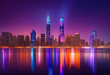 Obraz premium stunning dusk skyline vibrant city lights illuminating dramatic urban landscape, architecture, cityscape, buildings, metropolis, highrise, illuminated