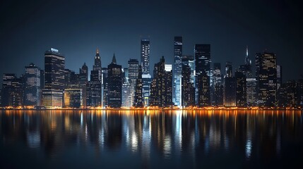 Fototapeta premium Nighttime cityscape with illuminated skyscrapers reflected in water