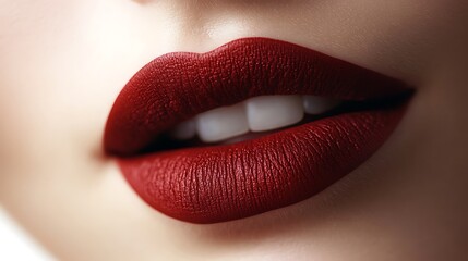 Obraz premium Extreme close-up of lips adorned in intense crimson red matte lipstick, velvety texture illuminated by soft, subtle light to highlight the deep color and smooth curves, high-definition,