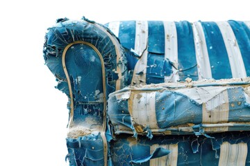 A worn-out striped sofa with peeling paint, great for home decor or interior design photoshoots