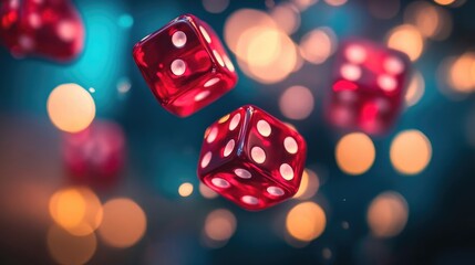 Red Dice Floating on Casino Background with Bokeh, Insane Detail and Sharp Focus, High-Resolution Image