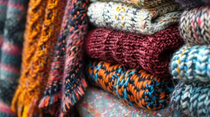 Soft handknit scarves in a variety of patterns and colors add a cozy touch to a nearby display perfect for staying warm on chilly days.