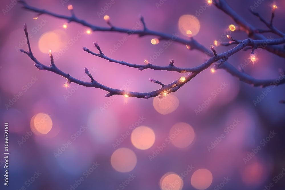 Poster a blurred image of a tree branch with colorful lights in the background
